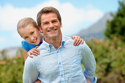 Buy stock photo Portrait, father and piggyback with child outdoor for travel, pretend play and holiday adventure. Smile, man and carrying daughter for support, playful games and family affection on vacation getaway