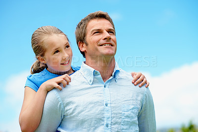 Buy stock photo Father, child and piggyback with smile outdoor for bonding, family time or love in backyard. Garden, happy and relationship with people together for growth, security or trust as parent and kid