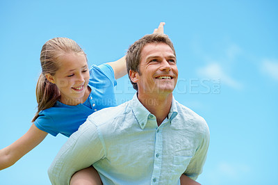 Buy stock photo Father, piggyback and child flying in nature for pretend play, fantasy and adventure trip. Below, man or daughter in air for airplane game, make believe and playful activity for weekend break