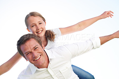 Buy stock photo Father, piggyback and child flying in nature for pretend play, bonding together and adventure trip. Portrait, man and kid in air for airplane game, make believe and playful activity for weekend break