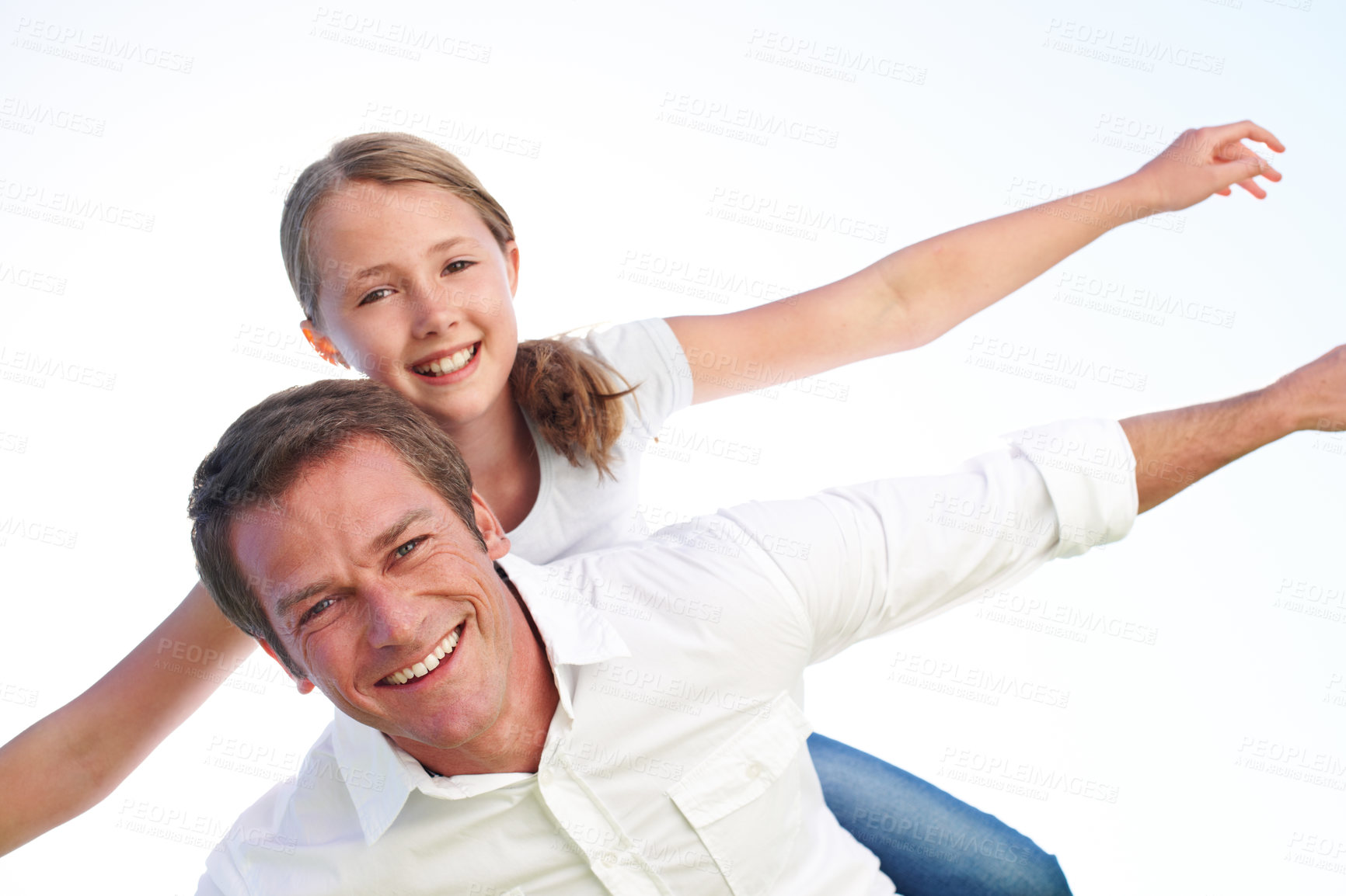 Buy stock photo Father, piggyback and child flying in nature for pretend play, bonding together and adventure trip. Portrait, man and kid in air for airplane game, make believe and playful activity for weekend break
