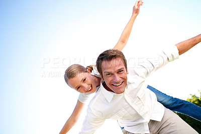 Buy stock photo Portrait, father and piggyback with kid in air for fun activity, airplane games and holiday. Space, below and fantasy flying with family, parental support and weekend break on vacation trip in nature