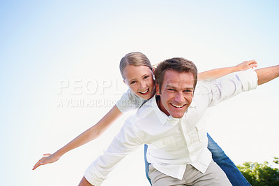 Buy stock photo Portrait, father and piggyback with daughter in air for fun activity, airplane games and holiday. Space, below and fantasy flying with family, parental support and weekend break on vacation in nature