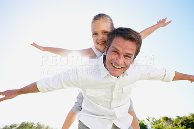 Buy stock photo Smile, father and piggyback with daughter in air for fun activity, airplane games and holiday. Portrait, below and fantasy flying with family, parental support and weekend break on vacation in nature