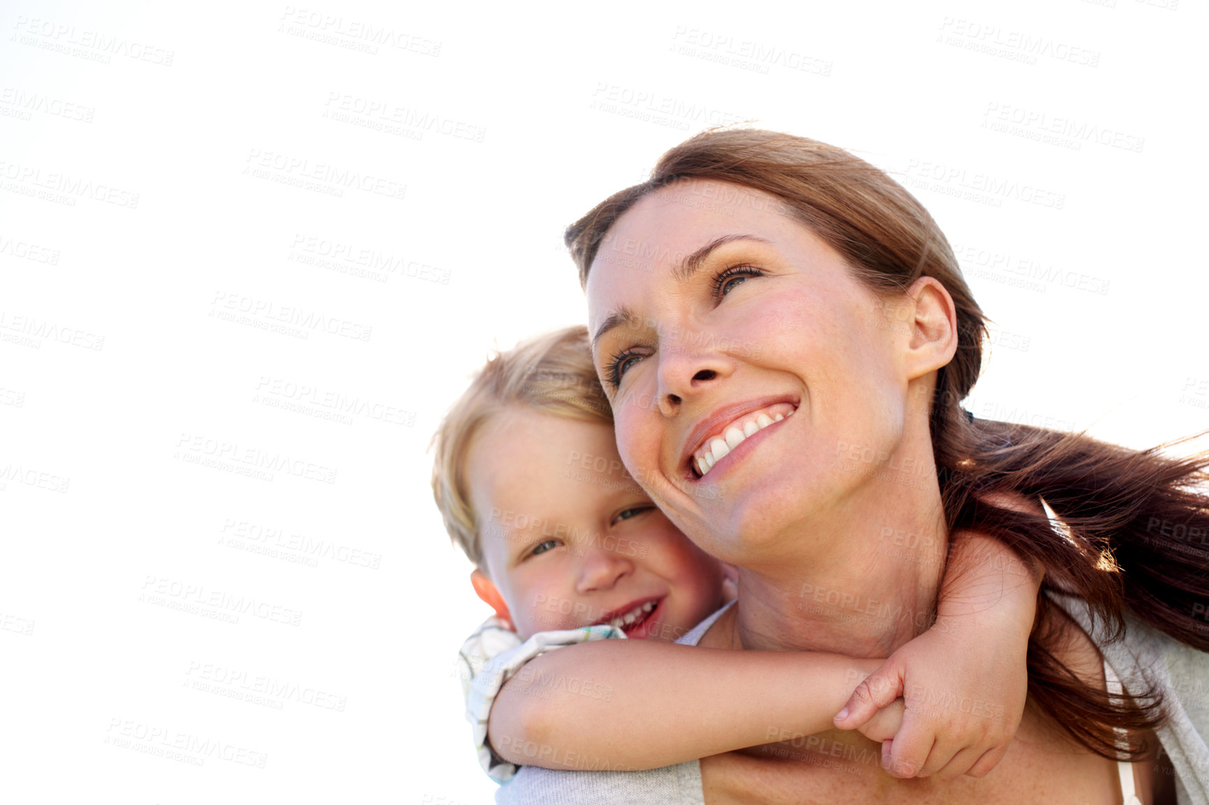 Buy stock photo Happy, mom and piggyback with child in studio for family time or love on a white background. Mother, kid or son with smile, hug or embrace for back ride, fun vacation or weekend together on space