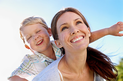 Buy stock photo Mother, piggyback and child flying in nature for pretend play, parent support and adventure. Portrait, low angle and woman with kid in air for airplane game, make believe and playful on weekend break