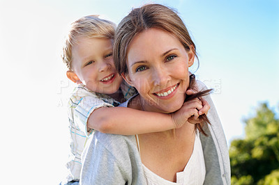 Buy stock photo Mother, kid and piggyback portrait at park for bonding together, healthy relationship or support. Happy family, woman and carry boy child in nature for affection, love connection or trust on weekend