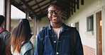 Student, man or smile in campus portrait for education degree, semester start or study scholarship. Learning, happy person and outdoor at college for academic course, knowledge or opportunity pride