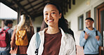 Education, girl or happy in portrait at college for study opportunity, learning course and pride. Student, person and backpack outdoor on campus for academic program, knowledge and ready for semester