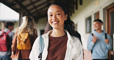 Buy stock photo Education, girl or happy in portrait at college for study opportunity, learning course and pride. Student, person and backpack outdoor on campus for academic program, knowledge and ready for semester