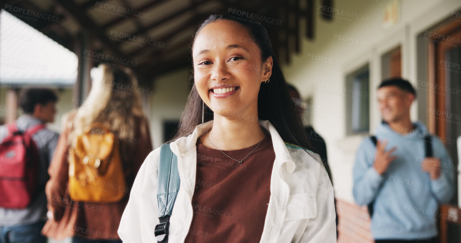 Buy stock photo Education, girl or happy in portrait at college for study opportunity, learning course and pride. Student, person and backpack outdoor on campus for academic program, knowledge and ready for semester