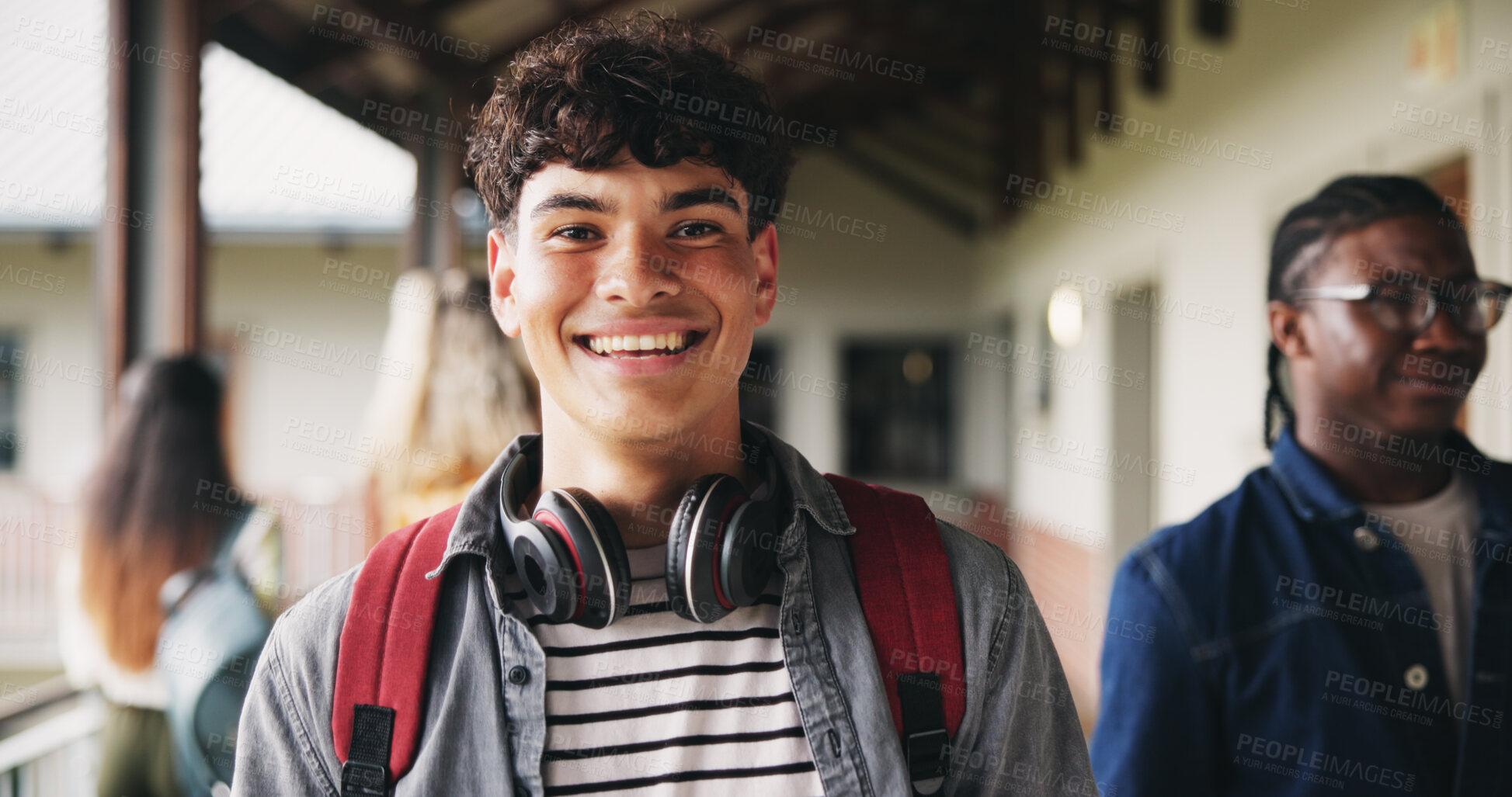 Buy stock photo Learn, man and happy on campus outdoor for music program, knowledge and ready to study. Education, creative student and confident at community college for academic course, art scholarship or portrait