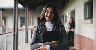 Buy stock photo Teacher, woman and happy with tablet on campus for morning lesson, teaching profession and pride. Education, educator and tech in high school portrait for academic support, career and ready for class
