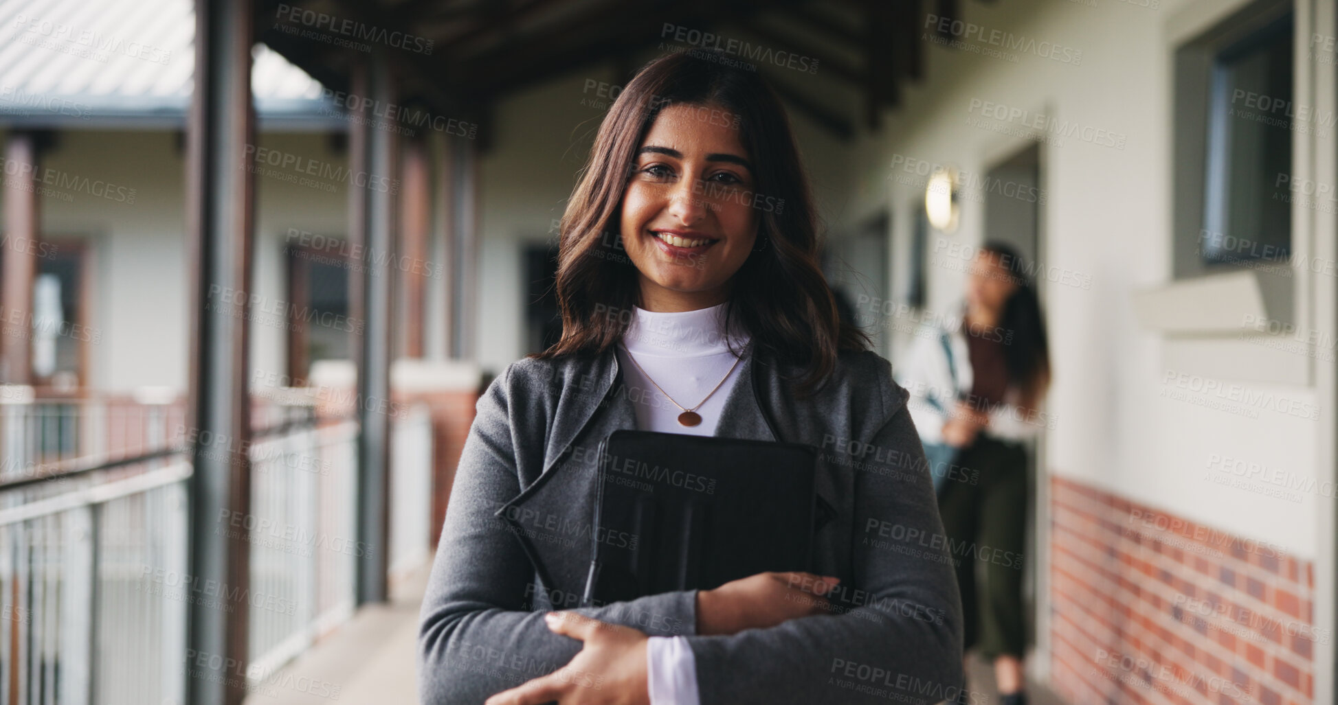 Buy stock photo Teacher, woman and happy with tablet on campus for morning lesson, teaching profession and pride. Education, educator and tech in high school portrait for academic support, career and ready for class