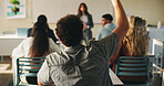 Learning, man and raised hand for question in college, knowledge and development with teacher. Person, education or student ask in lesson, answer and participation from back at university classroom