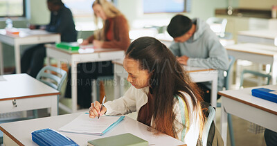 Buy stock photo College, student and writing in classroom with exam, assessment and education for knowledge growth. Woman, learning and test in university with academic course, scholarship and skill development.
