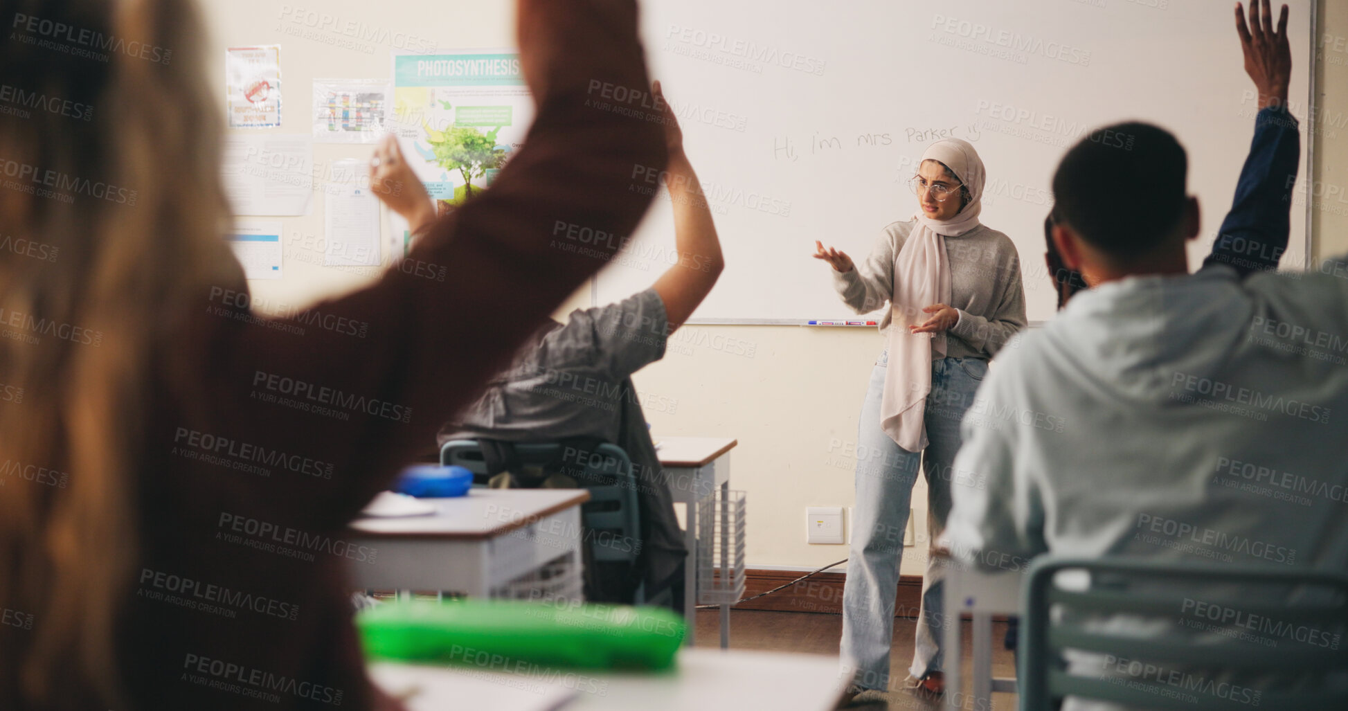 Buy stock photo Learning, teacher or raised hand for question in high school, knowledge or development with woman. Teenager, education or students ask in lesson, answer and participation with educator at classroom
