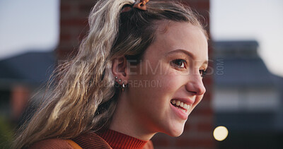 Buy stock photo Outdoor, inspiration and thinking with student woman on campus for development or growth. Education, future and opportunity with happy person at college, vision or university for knowledge or evening