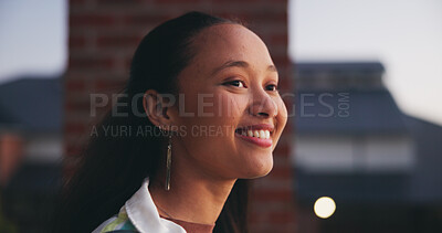 Buy stock photo Outdoor, inspiration and thinking with happy student on campus for development or growth. Education, future and opportunity with woman at college, school or university for academic knowledge or study