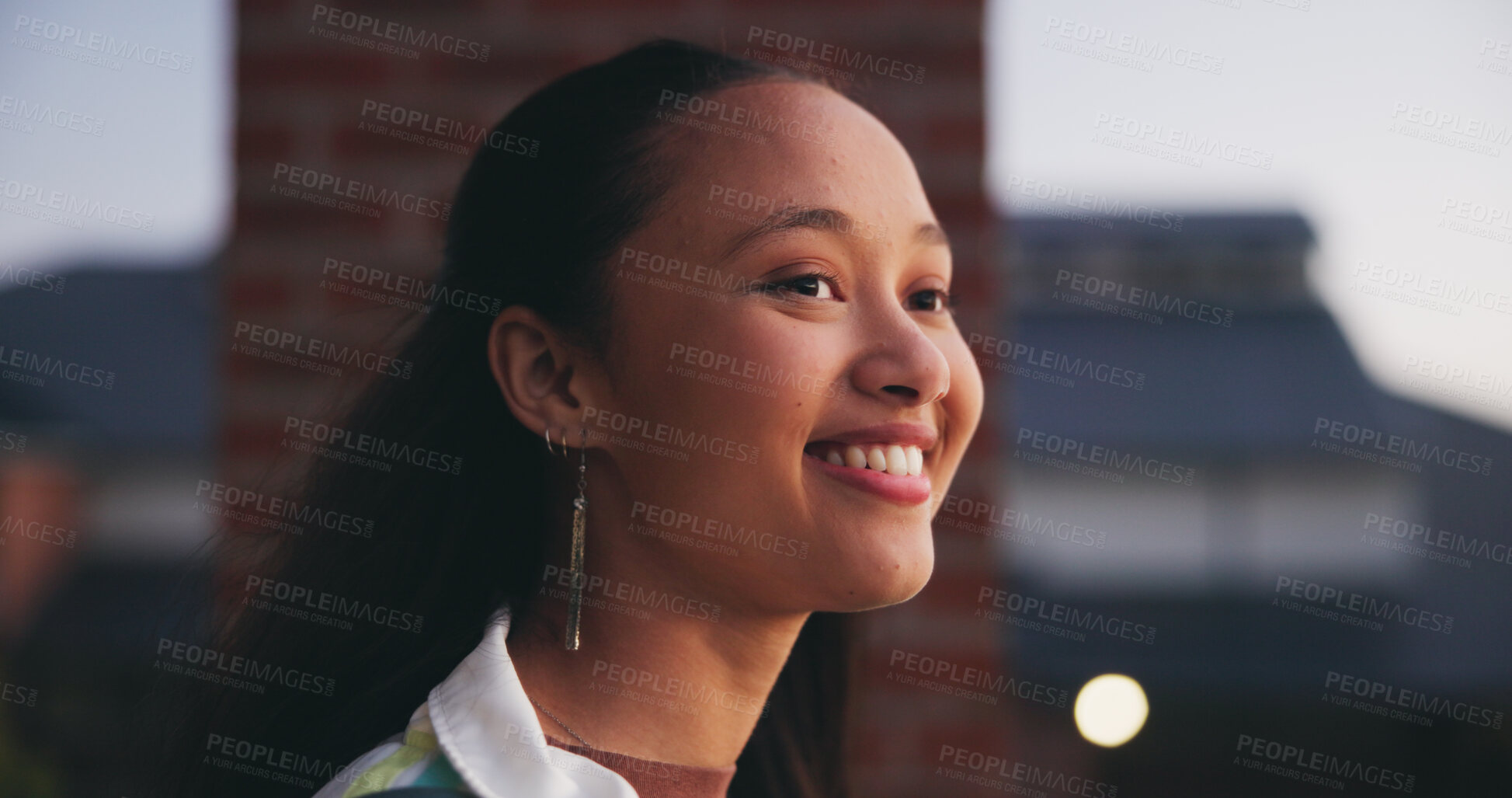 Buy stock photo Outdoor, inspiration and thinking with happy student on campus for development or growth. Education, future and opportunity with woman at college, school or university for academic knowledge or study