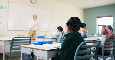 Buy stock photo Classroom, education and lesson with kids at school for development, future or growth. Course, learning or study with group of children and teacher in class for academics, curriculum or syllabus