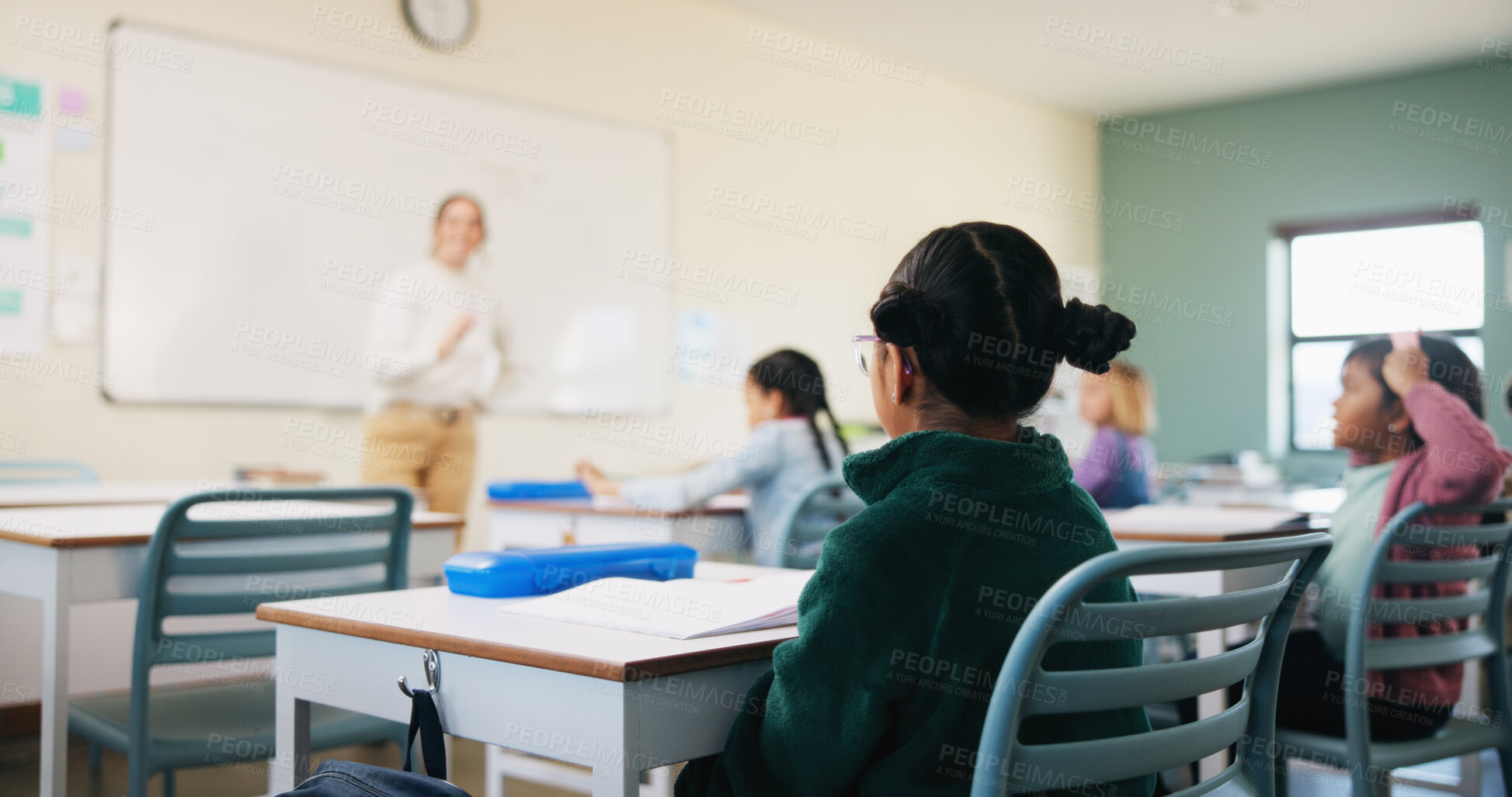 Buy stock photo Classroom, education and lesson with kids at school for development, future or growth. Course, learning or study with group of children and teacher in class for academics, curriculum or syllabus