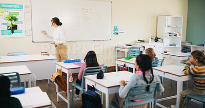 Buy stock photo Classroom, education and lesson with children at school for development, future or growth. Course, learning or study with group of kids and teacher in class for academics, curriculum or syllabus