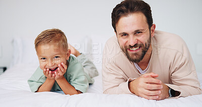 Buy stock photo Father, child and portrait on bed with smile, bonding and connection in family home with love. Happy dad, young boy and excited in bedroom for relax, relationship development or funny joke in morning