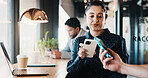 Laptop, cafe and woman with phone on pos machine for payment or wireless transaction. Female person, waiter or customer with smartphone tap for mobile banking, checkout or service in coffee shop