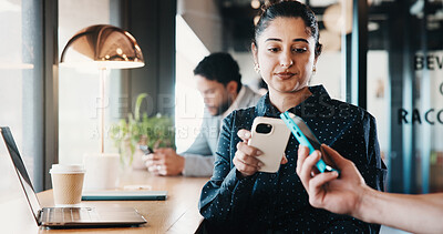 Buy stock photo Cafe, woman and phone with pos machine for payment, wireless transaction or scanner app. Female person, customer and tap with smartphone or laptop for banking, checkout or service in coffee shop