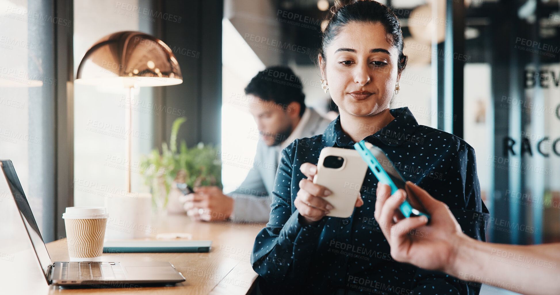 Buy stock photo Cafe, woman and phone with pos machine for payment, wireless transaction or scanner app. Female person, customer and tap with smartphone or laptop for banking, checkout or service in coffee shop