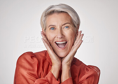Buy stock photo Surprise, portrait and mature woman in studio with fashion, sale or excited announcement. Wow, happiness and person with trendy style, screaming or good news for discount on a white background