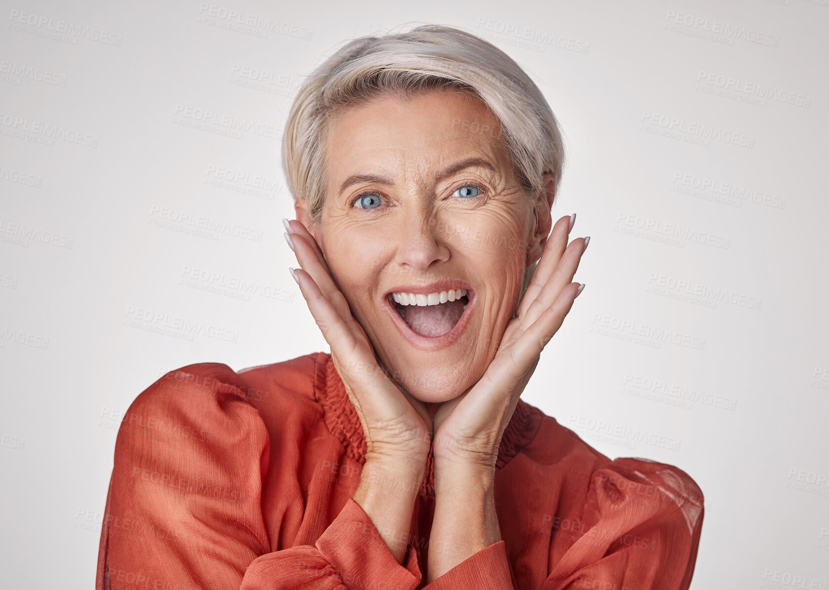 Buy stock photo Surprise, portrait and mature woman in studio with fashion, sale or excited announcement. Wow, happiness and person with trendy style, screaming or good news for discount on a white background