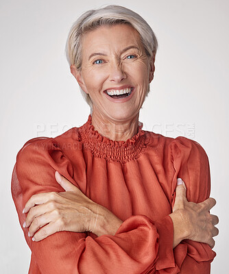Buy stock photo Smile, portrait and mature woman in studio with fashion, elegance and style on white background. Laughing, wellness and person with self love and blouse or shirt for designer clothing and trendy