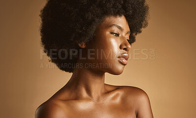 Buy stock photo Skincare, wellness and woman with glow in studio for natural beauty, dermatology and skin radiance. Afro, black person or confidence on brown background for collagen treatment, self care or hydration