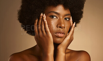Buy stock photo Skincare, portrait and girl with glow in studio for natural beauty, dermatology and skin radiance. Afro, black woman or confidence on brown background for acne treatment results, self care or shine