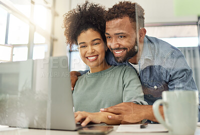 Buy stock photo Couple, smile and laptop in home with bonding for vacation planning, travel site or check email together. African people, married and happy with pc for relationship, holiday search or getaway agenda