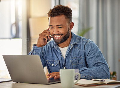 Buy stock photo Man, remote work and phone call with laptop at house for research, contact source and confirm facts. Smile, journalist and tech for discussion, proofreading and editor feedback for article submission