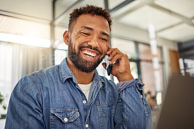 Buy stock photo Business, man and phone call with laptop in office for research, contact source and confirm facts. Smile, journalist and tech for discussion, proofreading and editor feedback for article submission