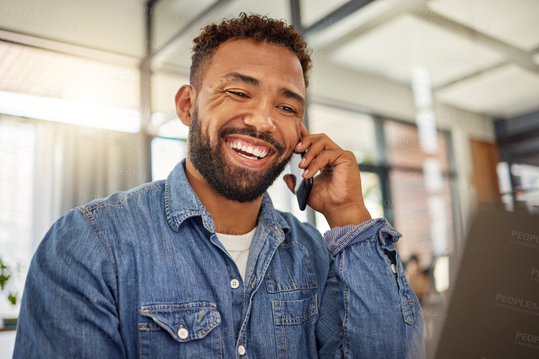 Buy stock photo Business, man and phone call with laptop in office for research, contact source and confirm facts. Smile, journalist and tech for discussion, proofreading and editor feedback for article submission
