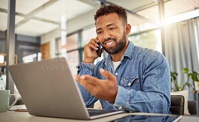 Buy stock photo Business, man and phone call with laptop at house for research, contact source and confirm facts. Smile, freelancer and tech for discussion, proofreading and editor feedback for article submission