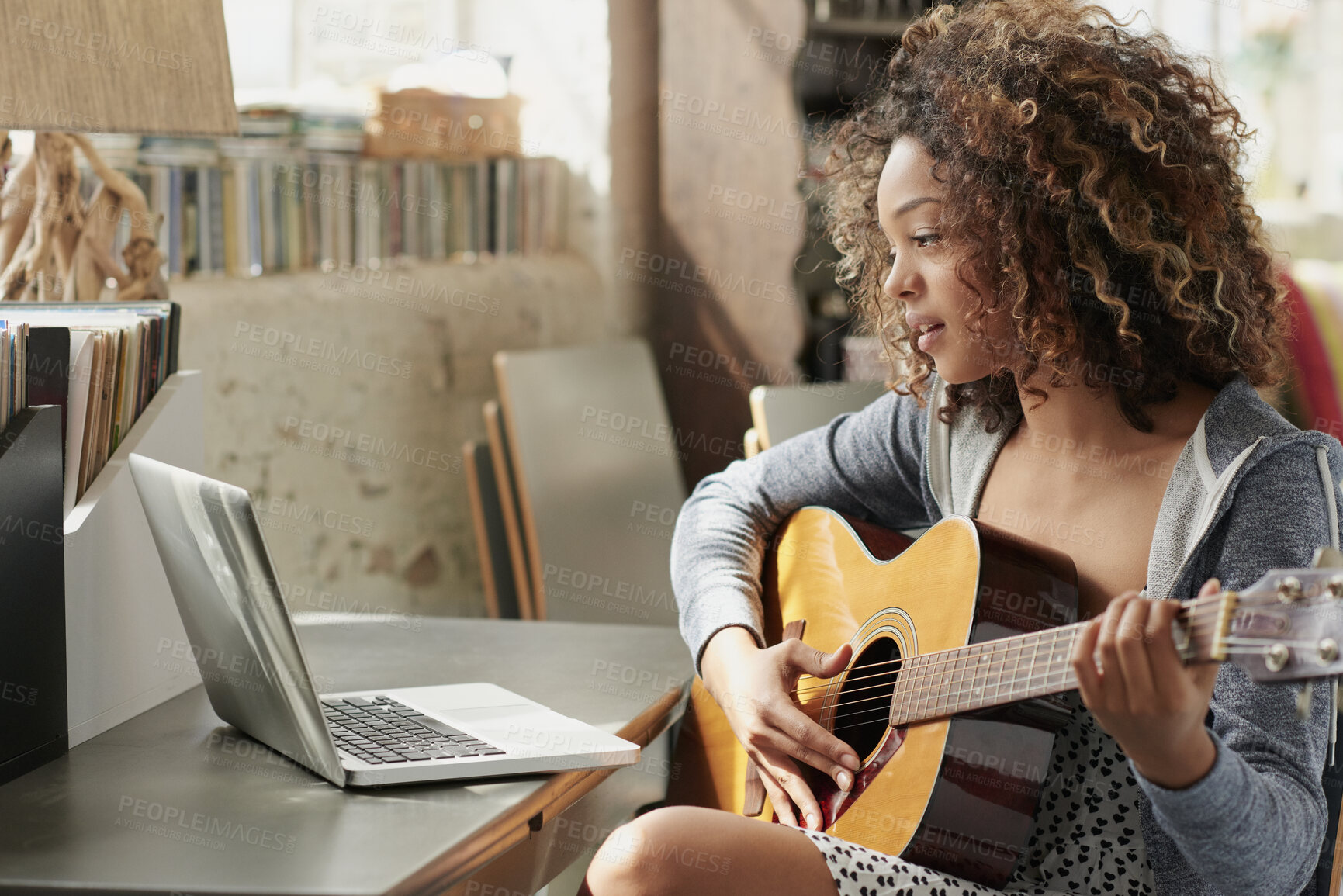 Buy stock photo Musician, laptop and woman with guitar in home, songwriting and practice with social media tutorial. Creative, online and person with instrument for music, learning and skill development in house