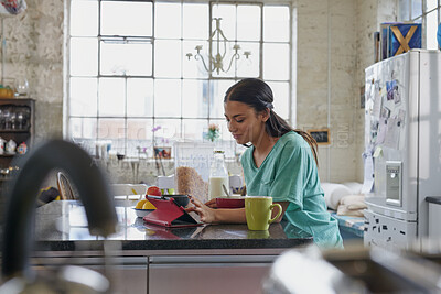 Buy stock photo Smile, woman and breakfast with tablet in kitchen for morning news, social media or fiber nutrition. Routine, person and porridge meal with tech in home for internet browsing, web streaming or eating