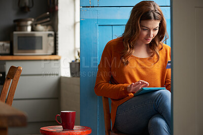Buy stock photo Online shopping, credit card and woman with tablet in kitchen, scroll and searching for sale on web. Person, home and digital payment with tech, browsing and smile with discount offer for purchase
