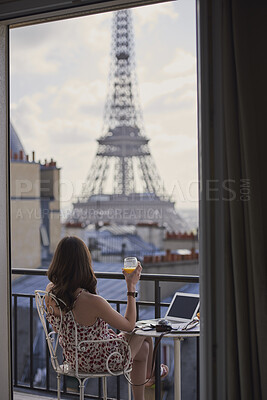 Buy stock photo Travel, juice or woman on balcony with Eiffel Tower, trip mindset or mindfulness on summer vacation. Back, drink or person at hotel with landmark, peaceful perspective or holiday reflection in France