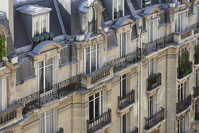 Buy stock photo Architecture, building and housing in old city for accommodation on holiday, travel and vacation. Apartment, background and wallpaper with residential houses, neighborhood or infrastructure in Paris