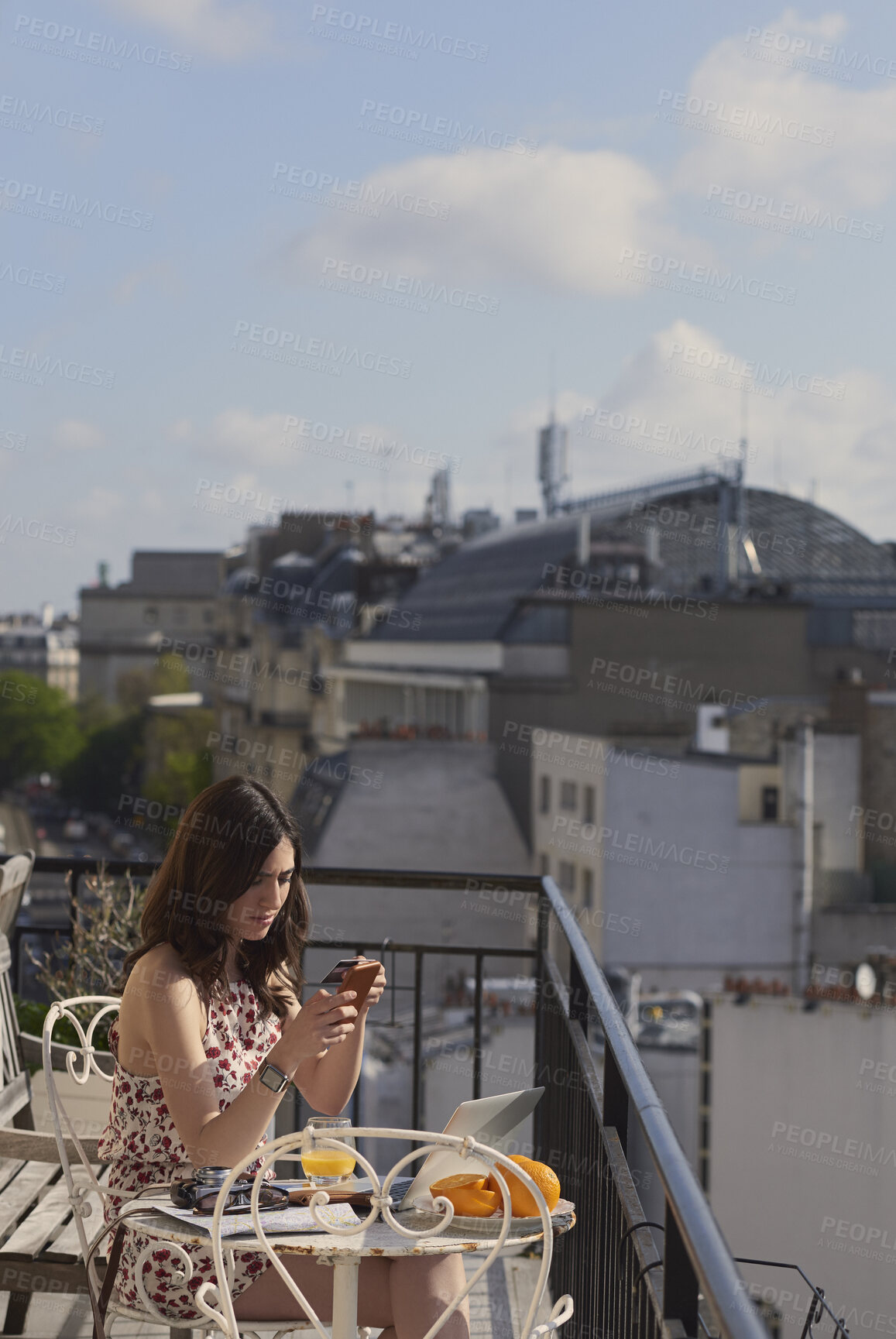 Buy stock photo Woman, phone and credit card at hotel with balcony, booking vacation and payment of travel expense. Person, tech and online banking in city with accommodation cost, eft or transfer money for holiday.