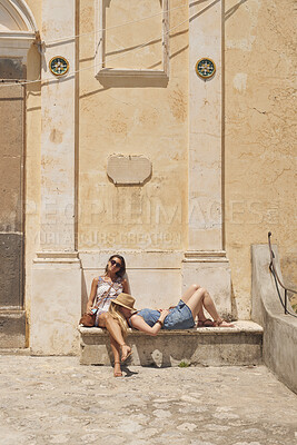 Buy stock photo Break, vacation and travel with friends in town together for bonding, sightseeing or tourism. Relax, nap and holiday with women outdoor for weekend, adventure and chilling with space for summer