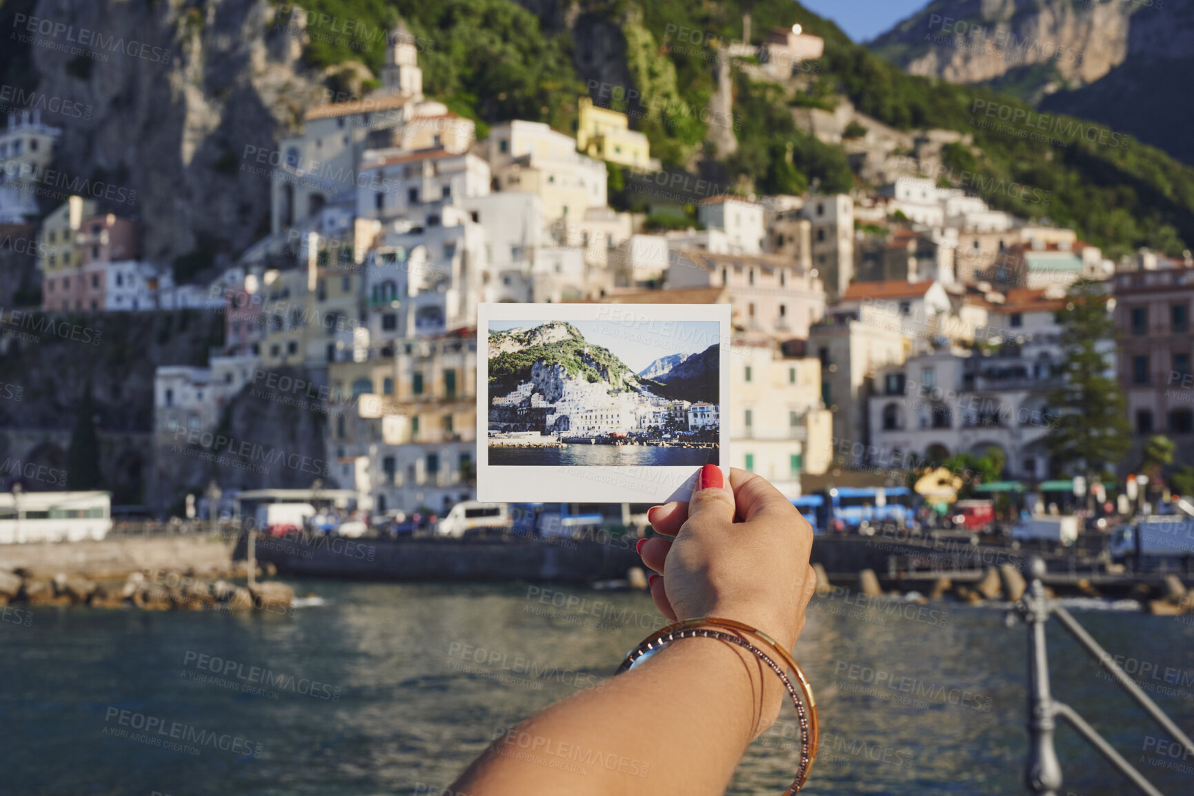 Buy stock photo Travel, retro or hand in town with picture, building photography or sightseeing moment on trip. Tourism, film or woman outdoor with vintage print, vacation memory or architecture capture in Italy.