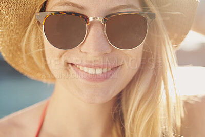 Buy stock photo Smile, sunglasses and travel with woman outdoor for getaway, holiday or vacation in summer. Hat, shades and sunshine with happy person at beach for coastal trip, weekend or wellness as tourist